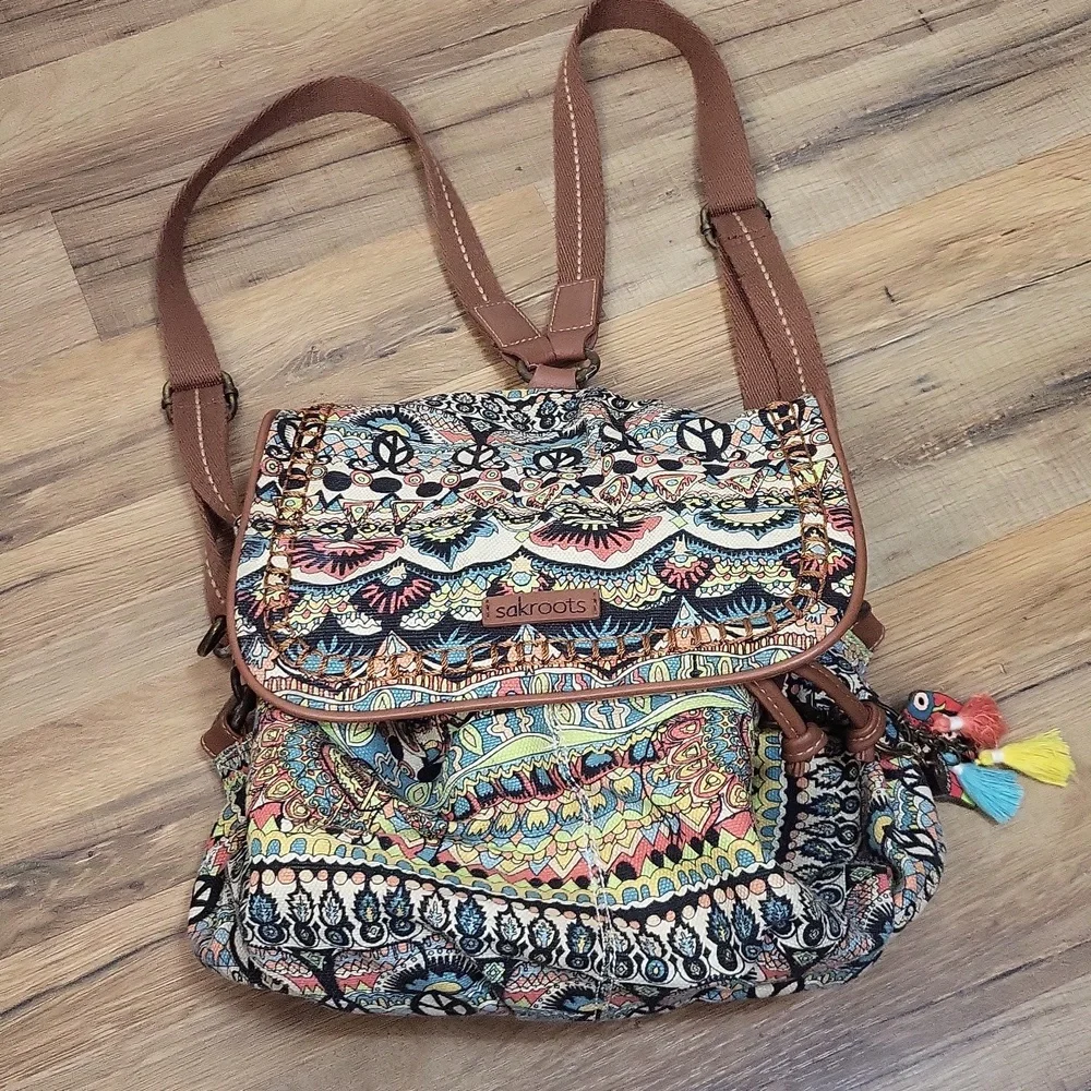SAKROOT Blue Orange Boho Convertible Drawstrimg Backpack Elephant Tassel Key Fob